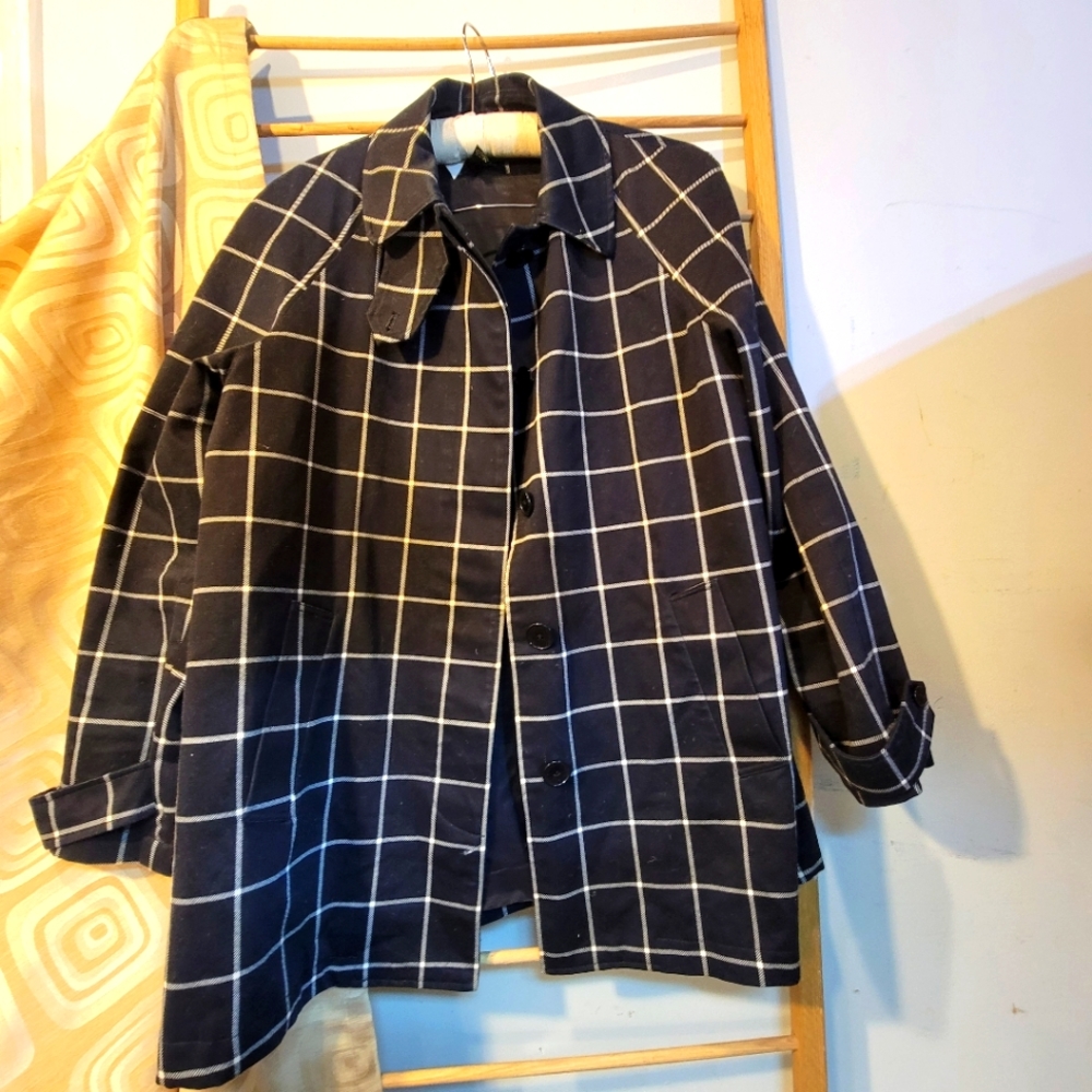Striking Swing Coat in black and white windowpane pattern,by Ralph Lauren.